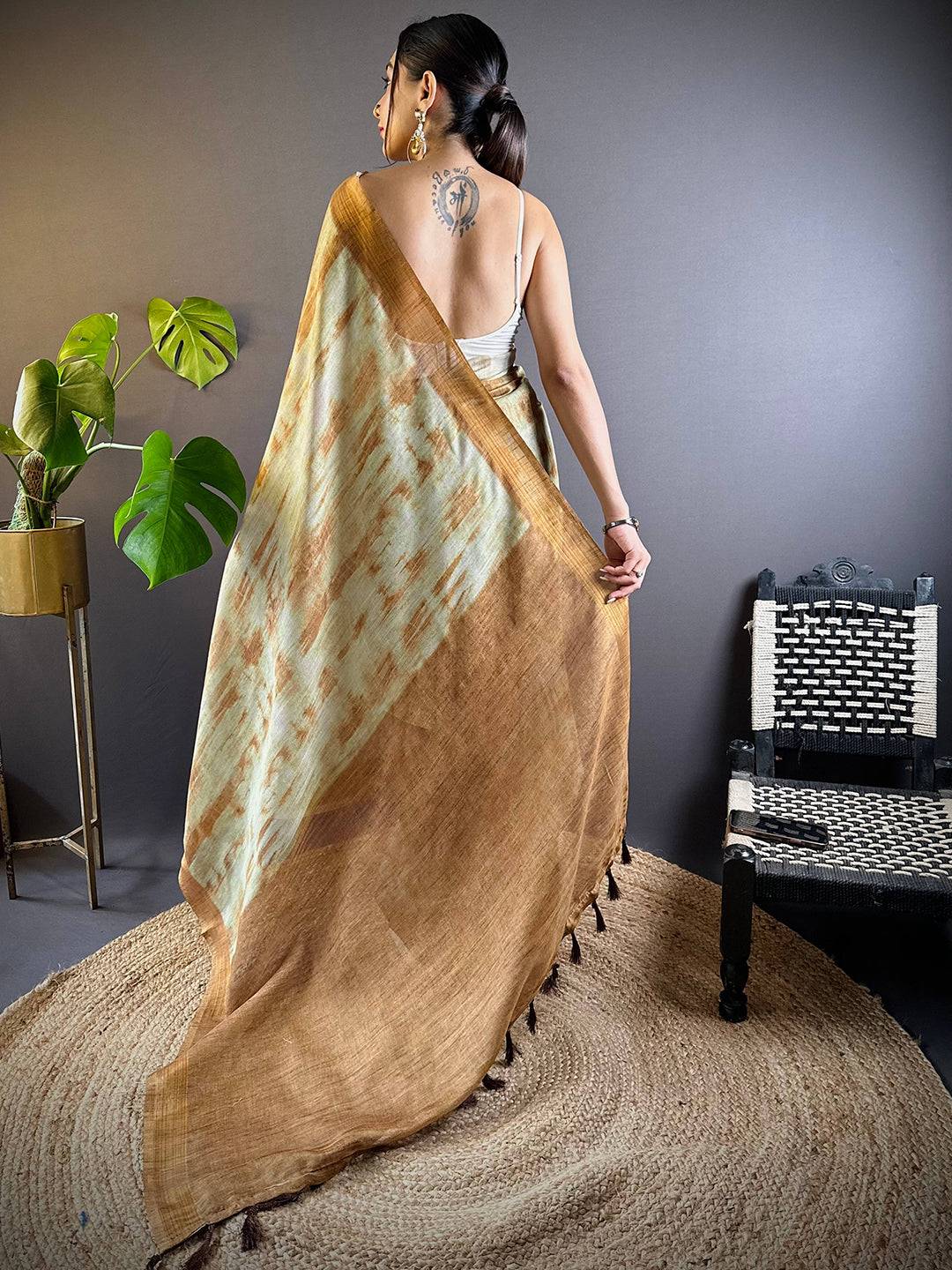 Dusty Green Shibori Print Linen Saree