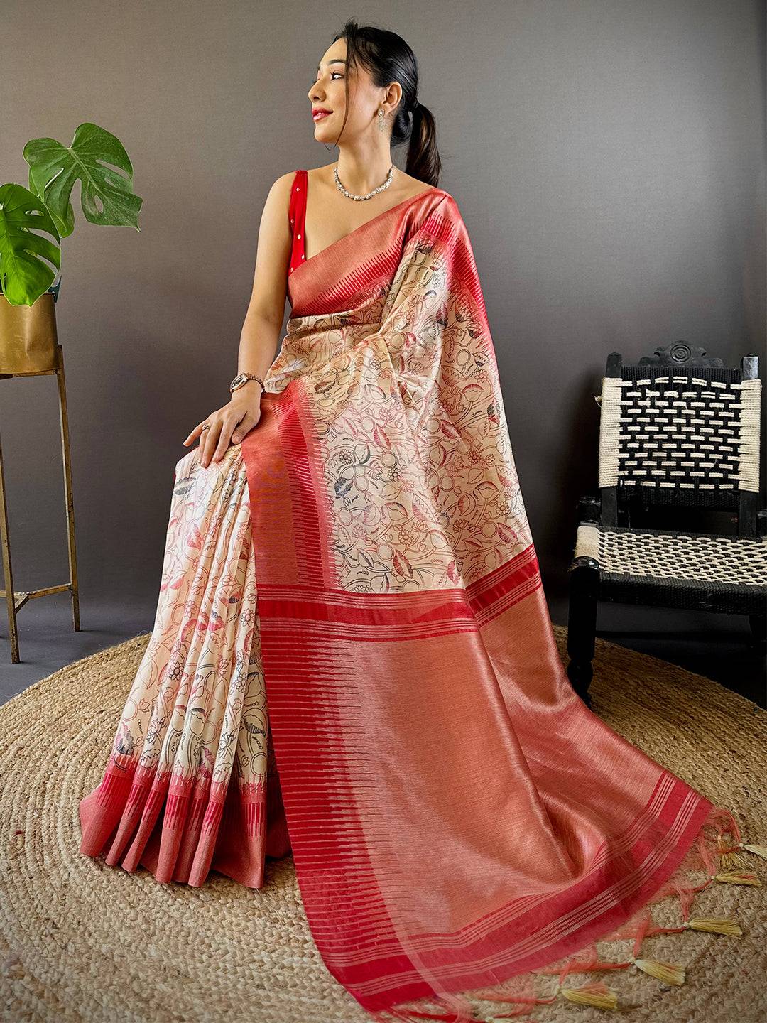 Off White Floral Tussar Silk Saree