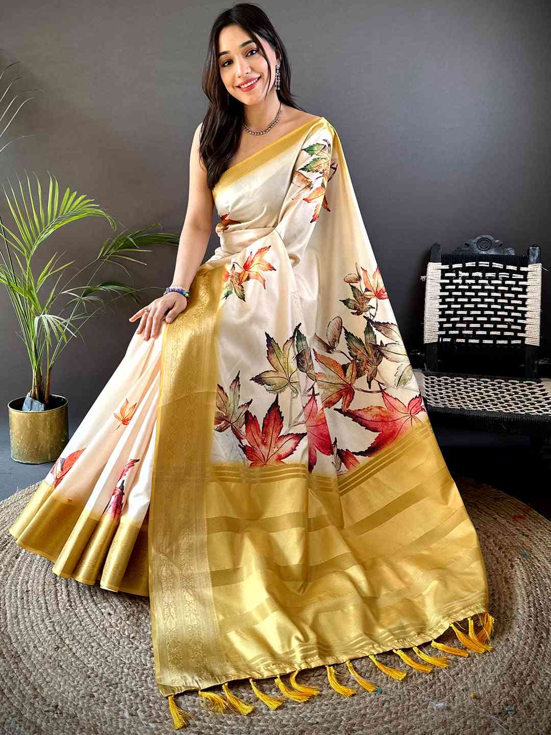 Cream Soft Silk Digital Leaf Print Saree