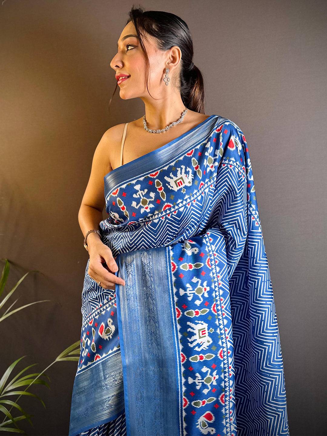 Azure Blue Zig Zag Kalamkari Kanchi Silk Saree