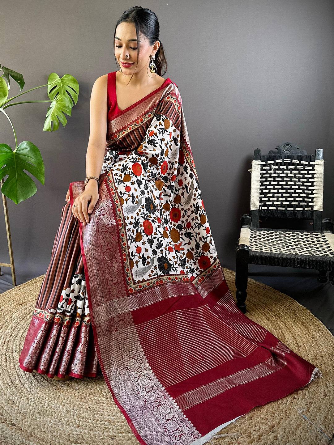 Brown Floral Peacock Fusion Saree