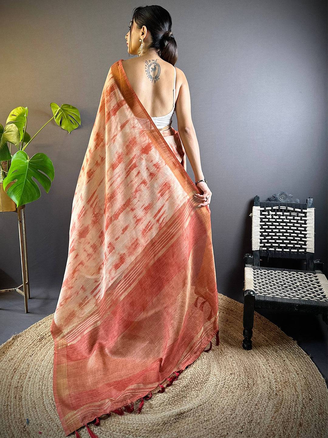 Rust Shibori Print Linen Saree