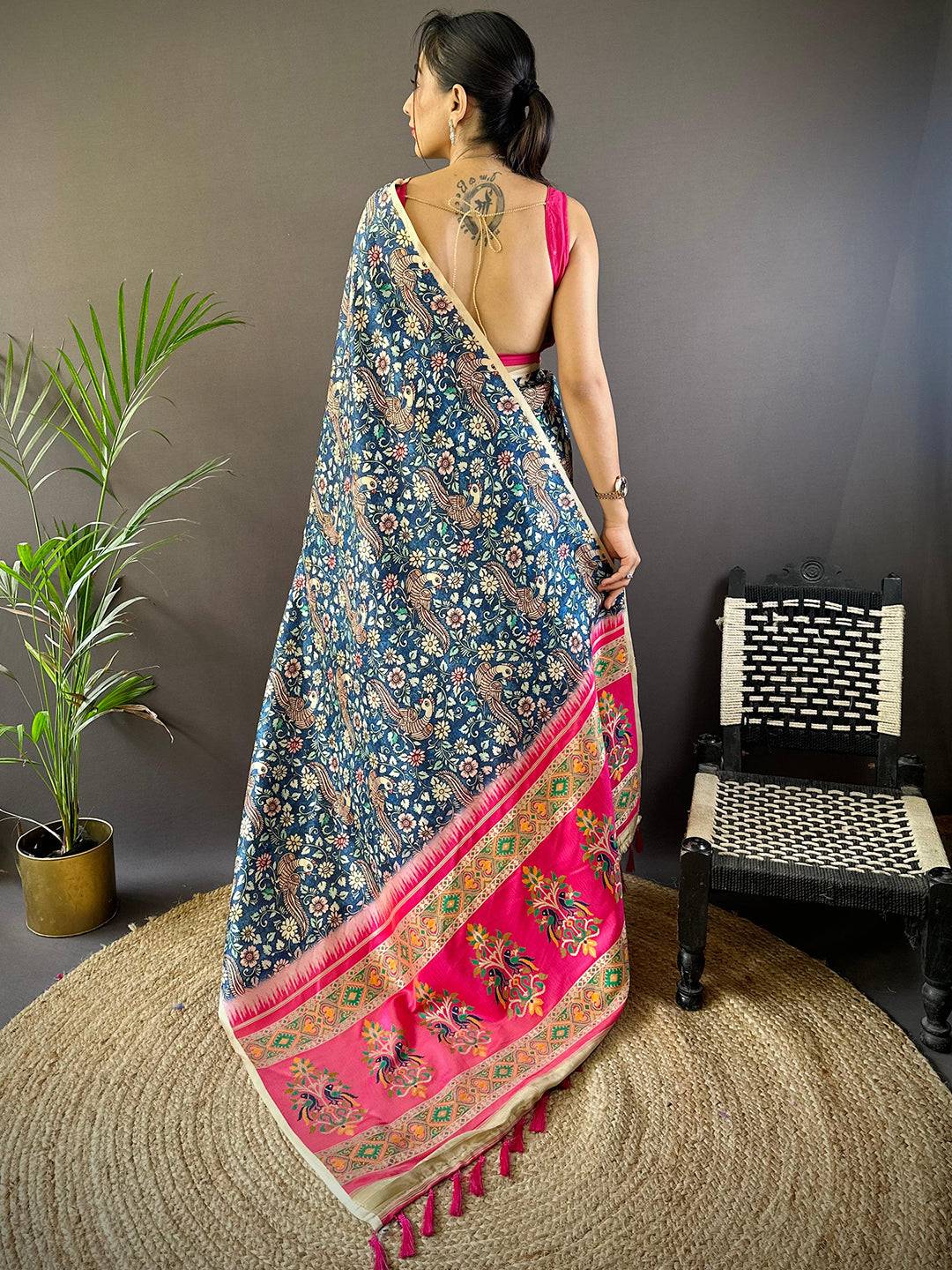 Kalamkari Floral Print Gamthi Soft Silk Saree