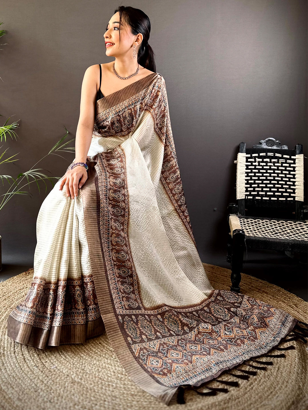 Brown Soft Silk Floral Digital Saree