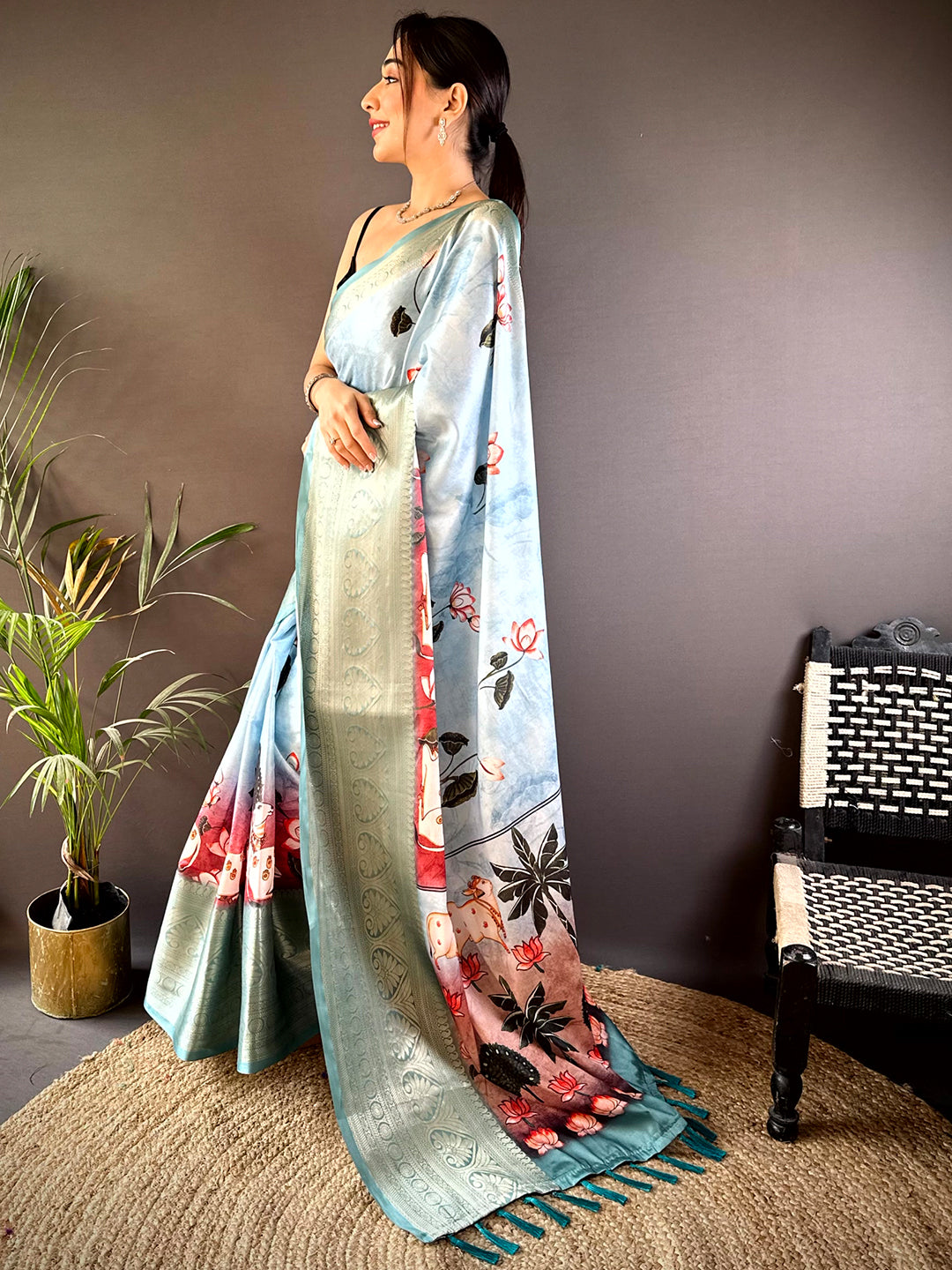  Sky Blue Pichwai Print Soft Silk Saree