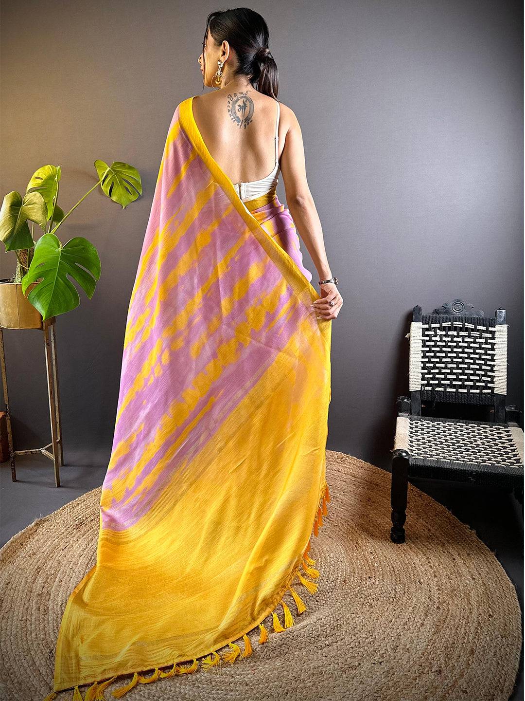 Lavender Shibori Print Linen Saree