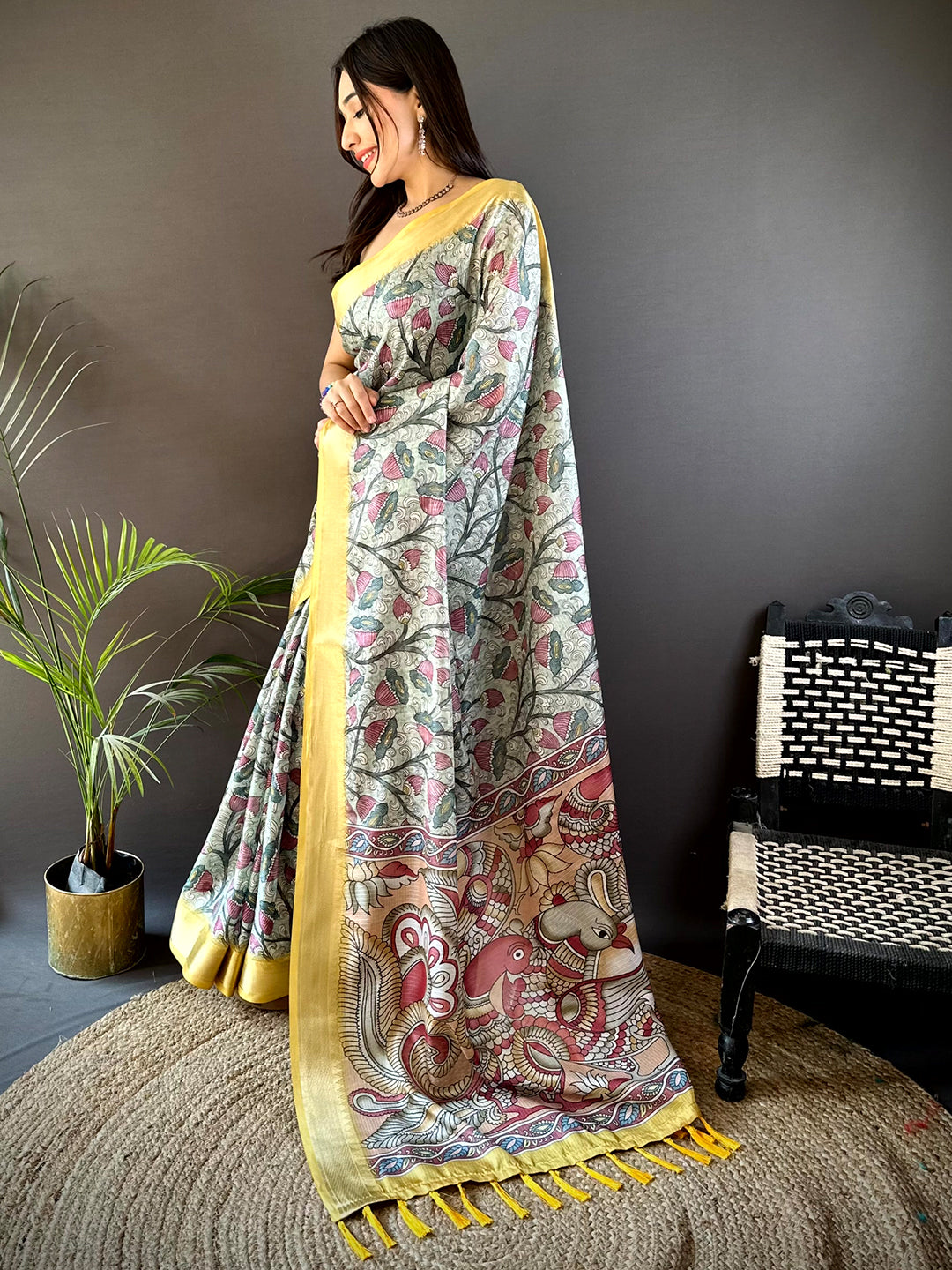 Mint Green Kota Doriya Floral Kalamkari Print Saree