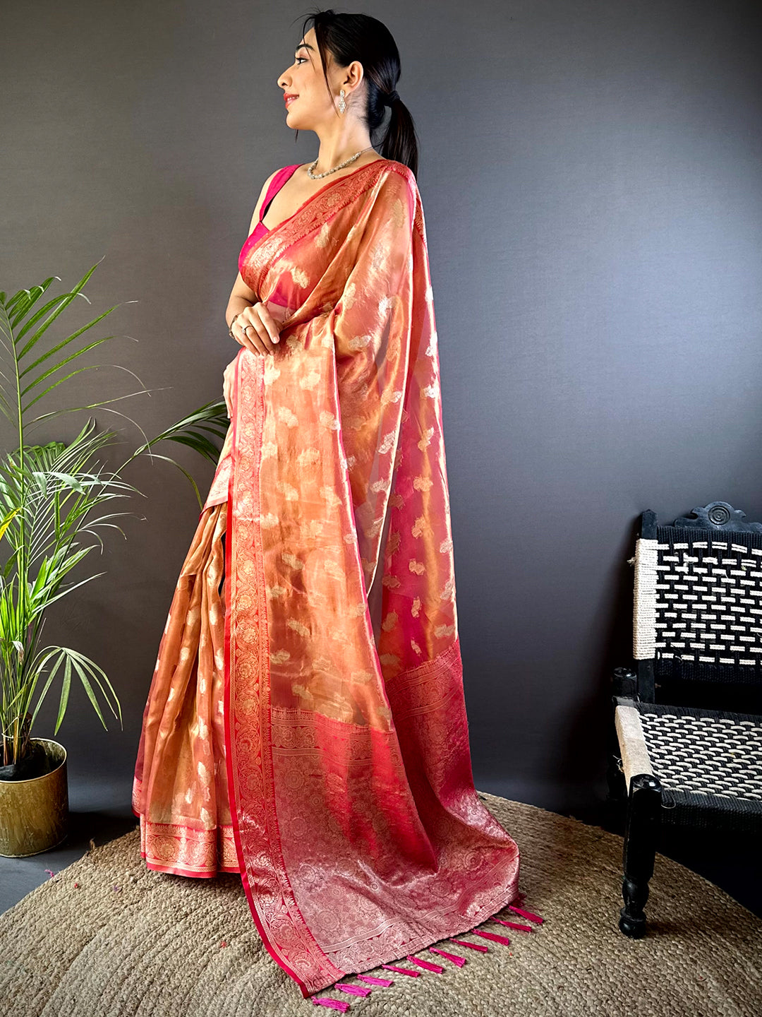 Radiant Red Kora Tissue Saree