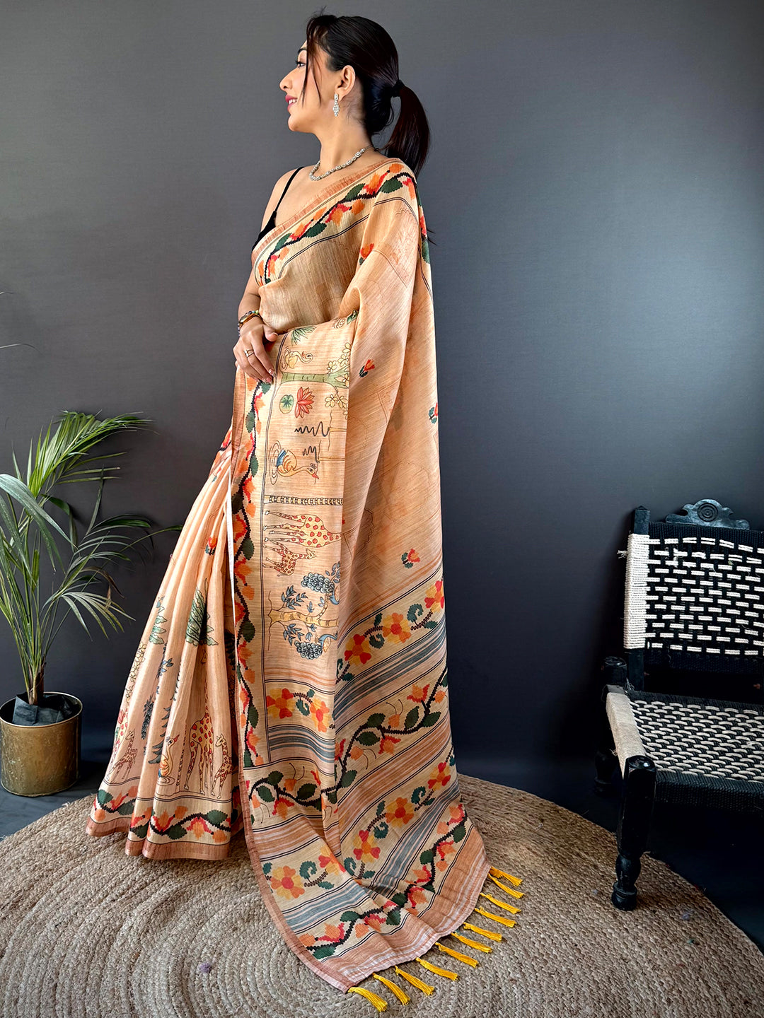 Beige Jungle Floral Zari Tissue Saree