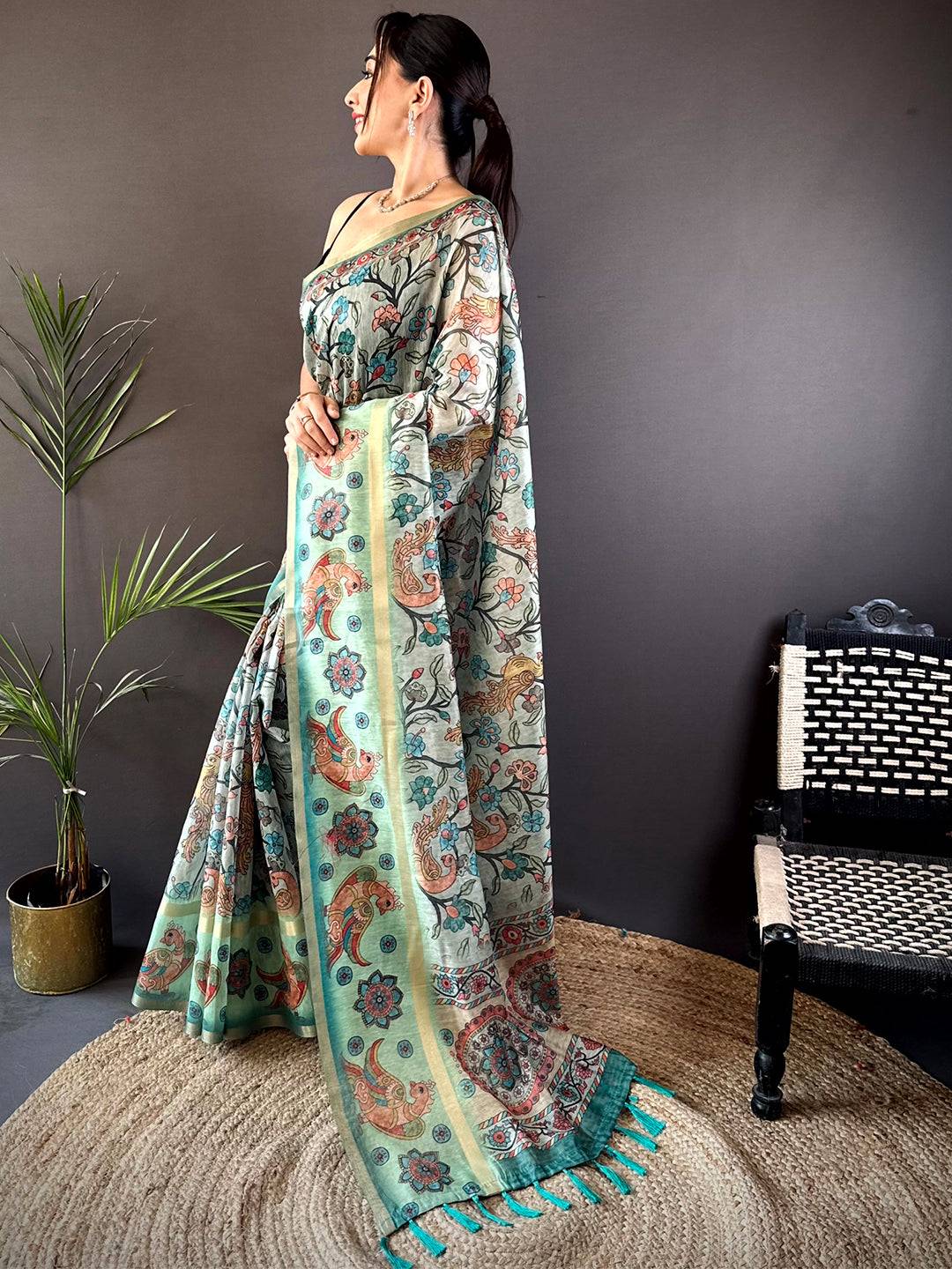 Pista Floral Kalamkari Chanderi Cotton Saree