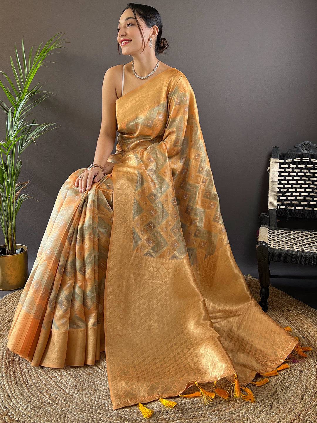 Graceful Honey Yellow Banarasi Saree with intricate patterns