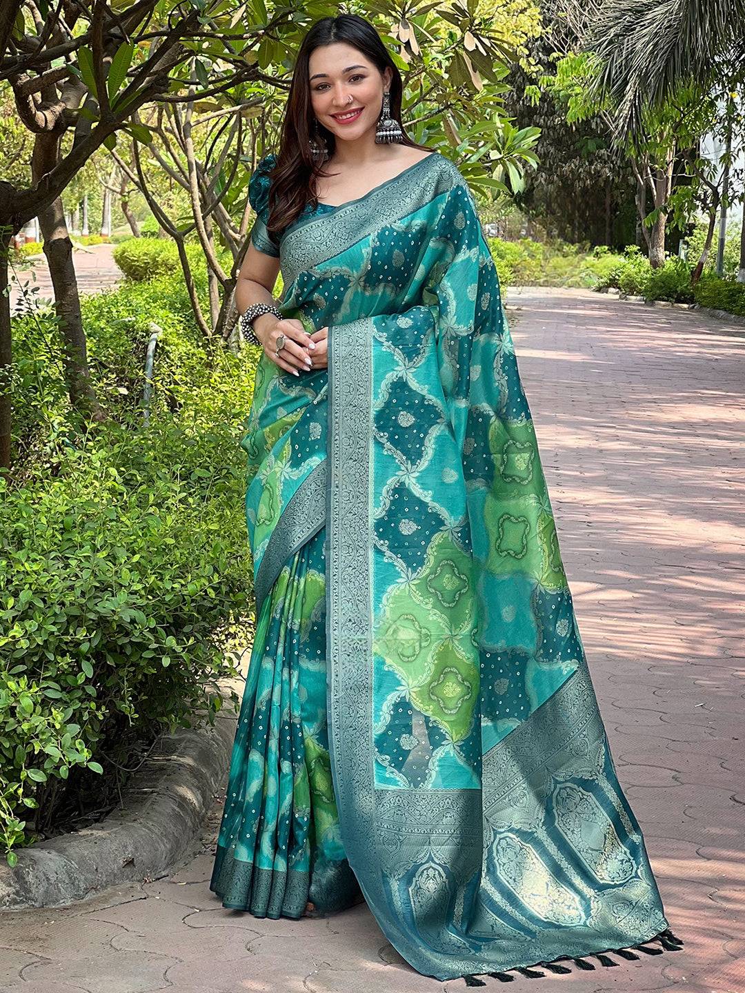 Elegant Rama Digital Block Print Saree in vibrant hues