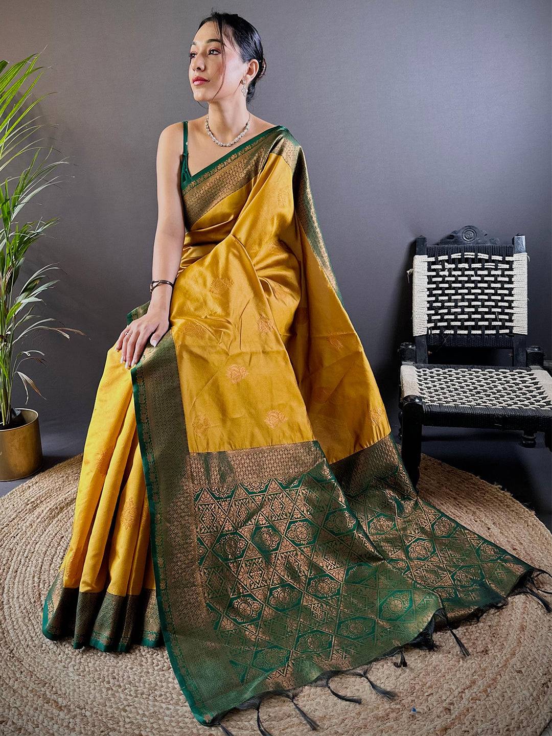 Elegant Yellow Silk Saree With Gold Zari Motifs