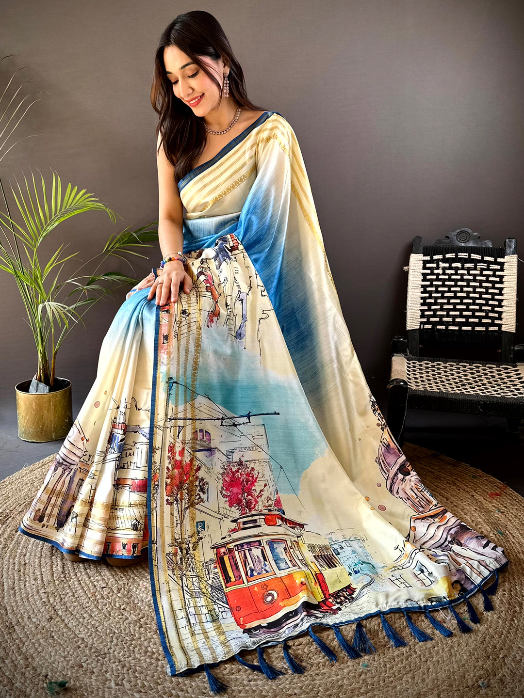 Blue Japanese Freehand Digital Print Saree