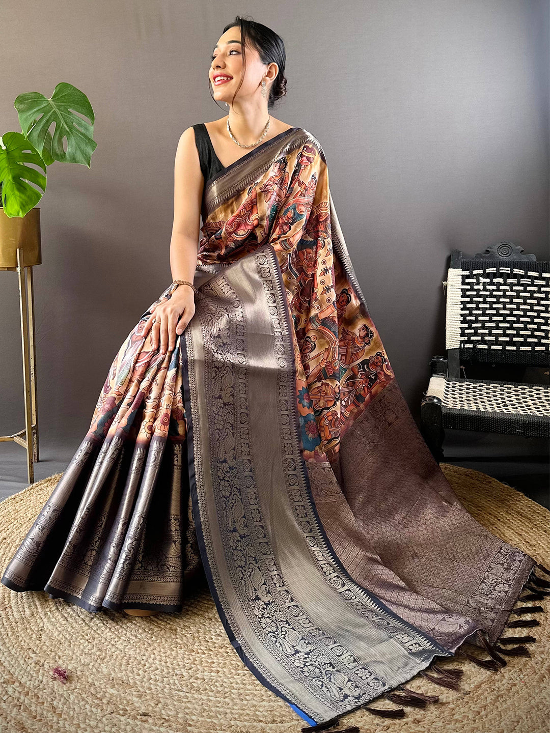 Seated pose in Heritage Bloom Kalamkari Silk Saree