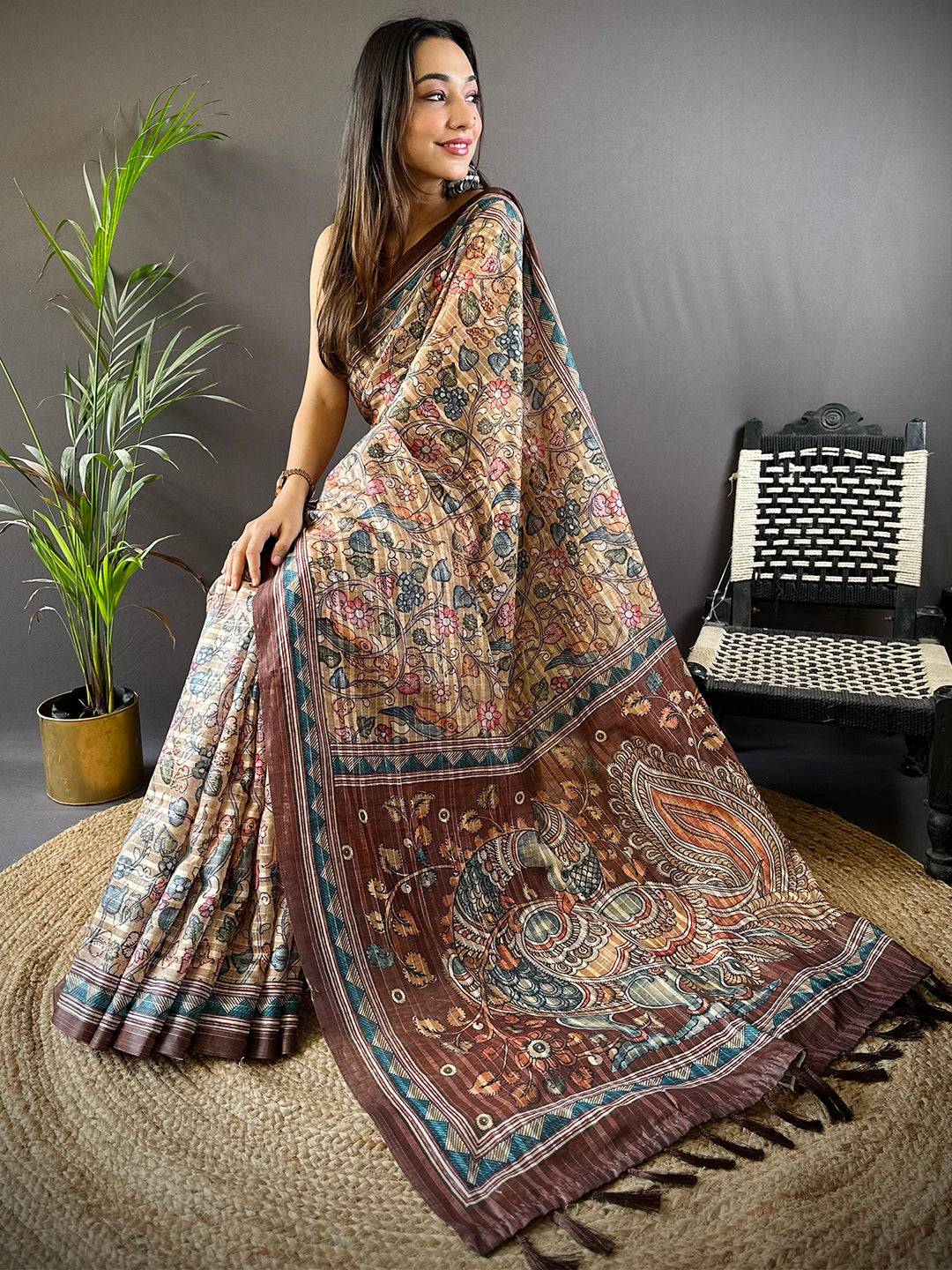 Beige Kalamkari Stripes Chanderi Saree