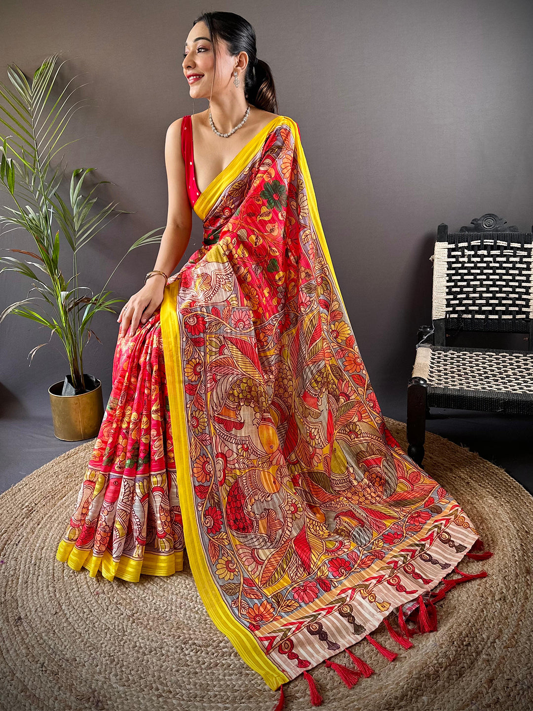 Rose Red Pen Kalamkari Linen Saree