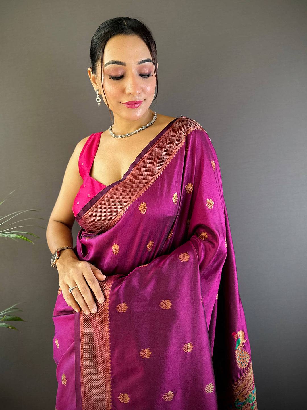 Copper Allure Soft Silk Wine Saree