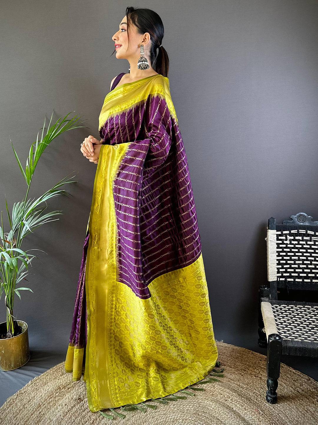 Wine Elegance With Golden Chain Motifs Saree