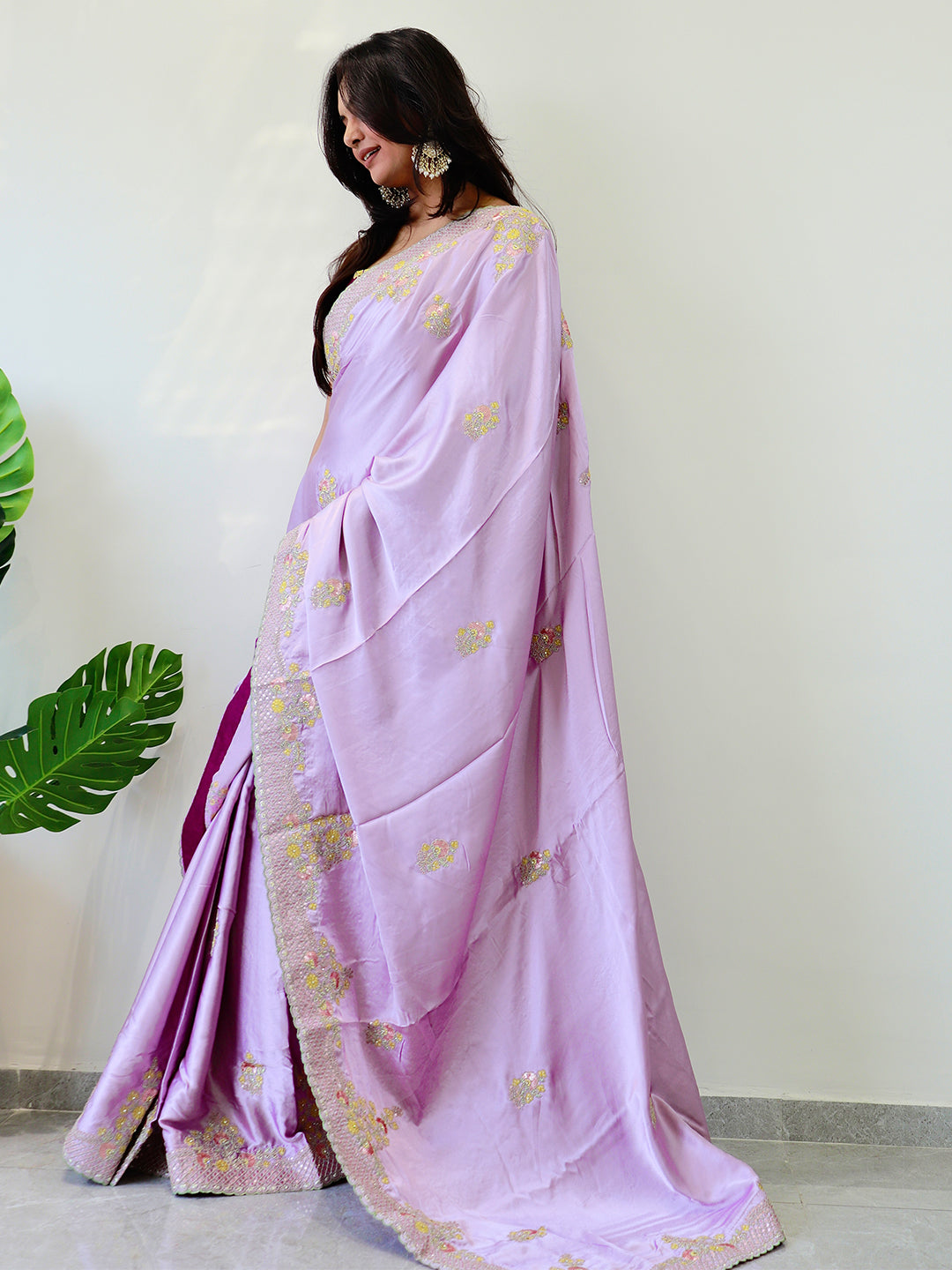 Side view of silk saree with detailed zari work