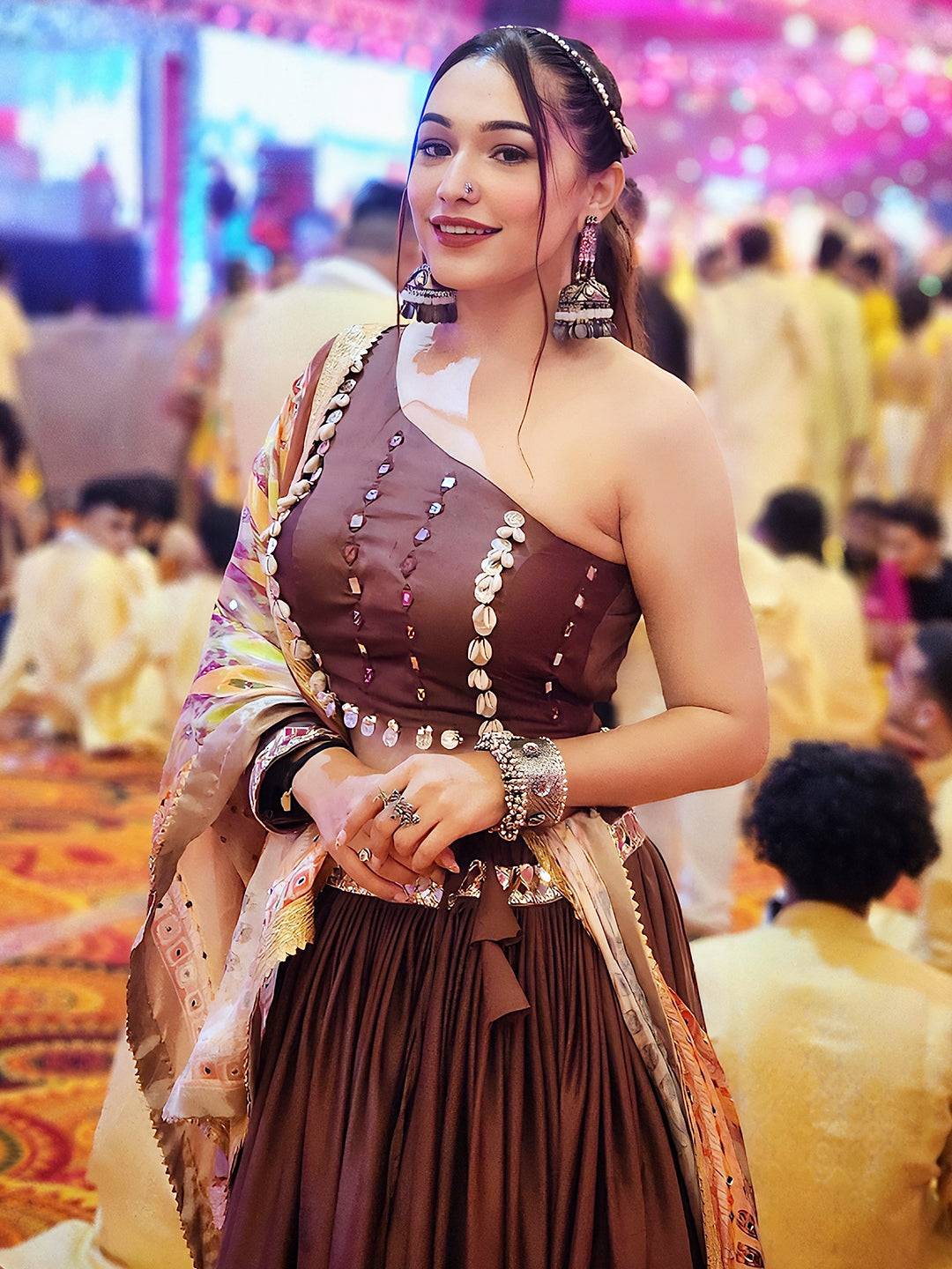 Deep Brown Mirror Work Lehenga