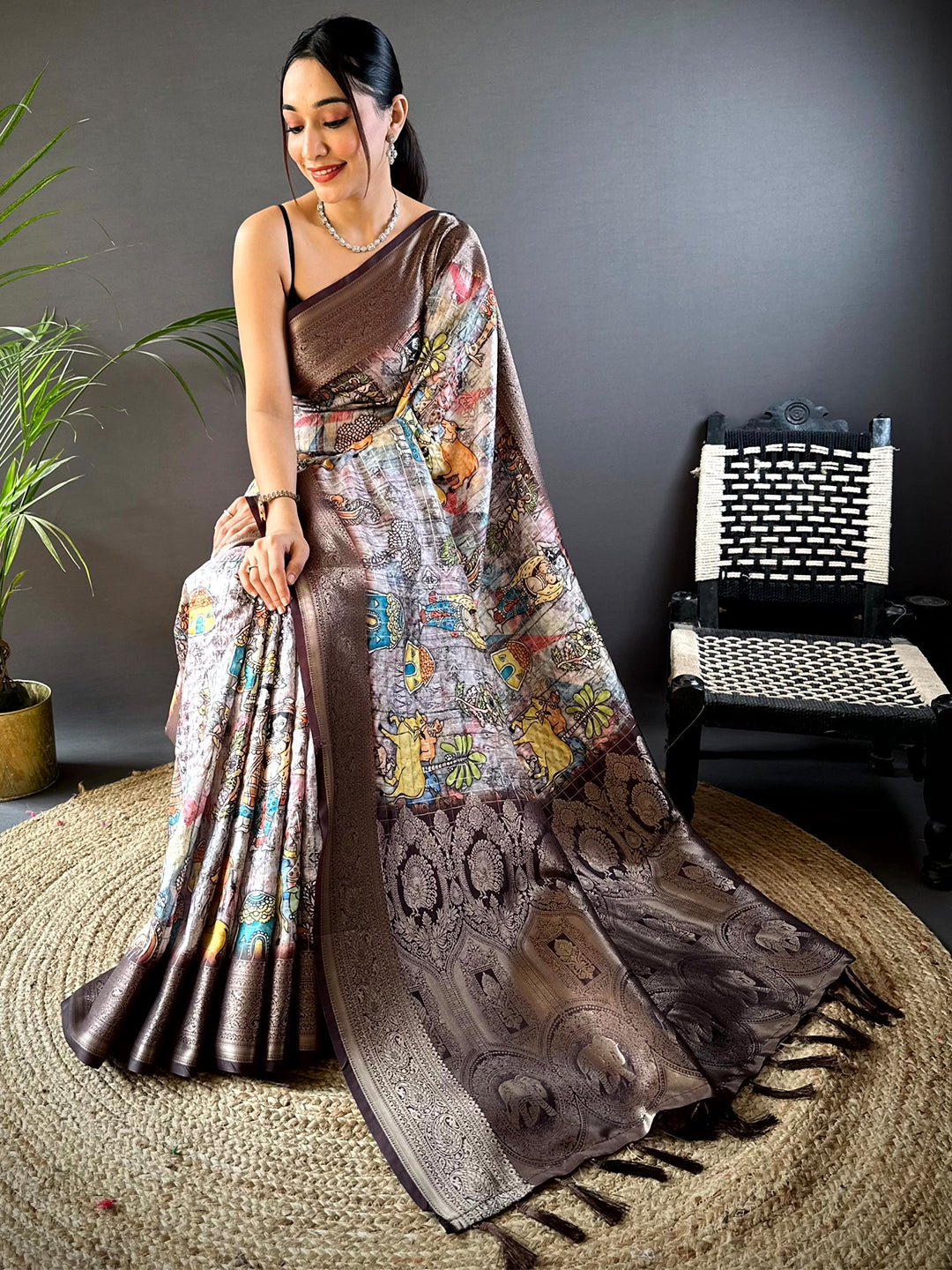 Brown Soft Silk Gold Zari Kalamkari Chex Saree