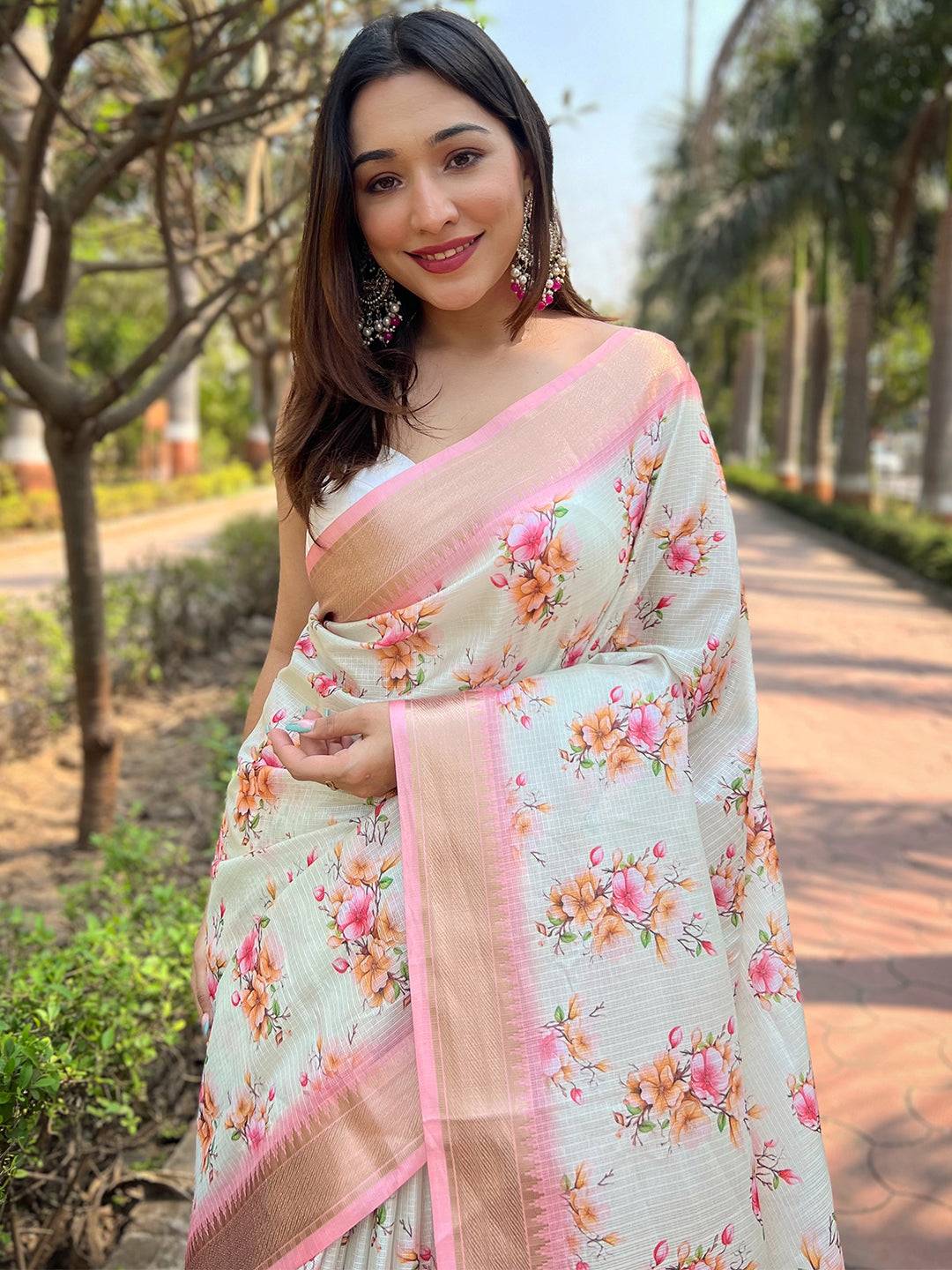 Light Peach Kota With Digital Floral Printd Saree