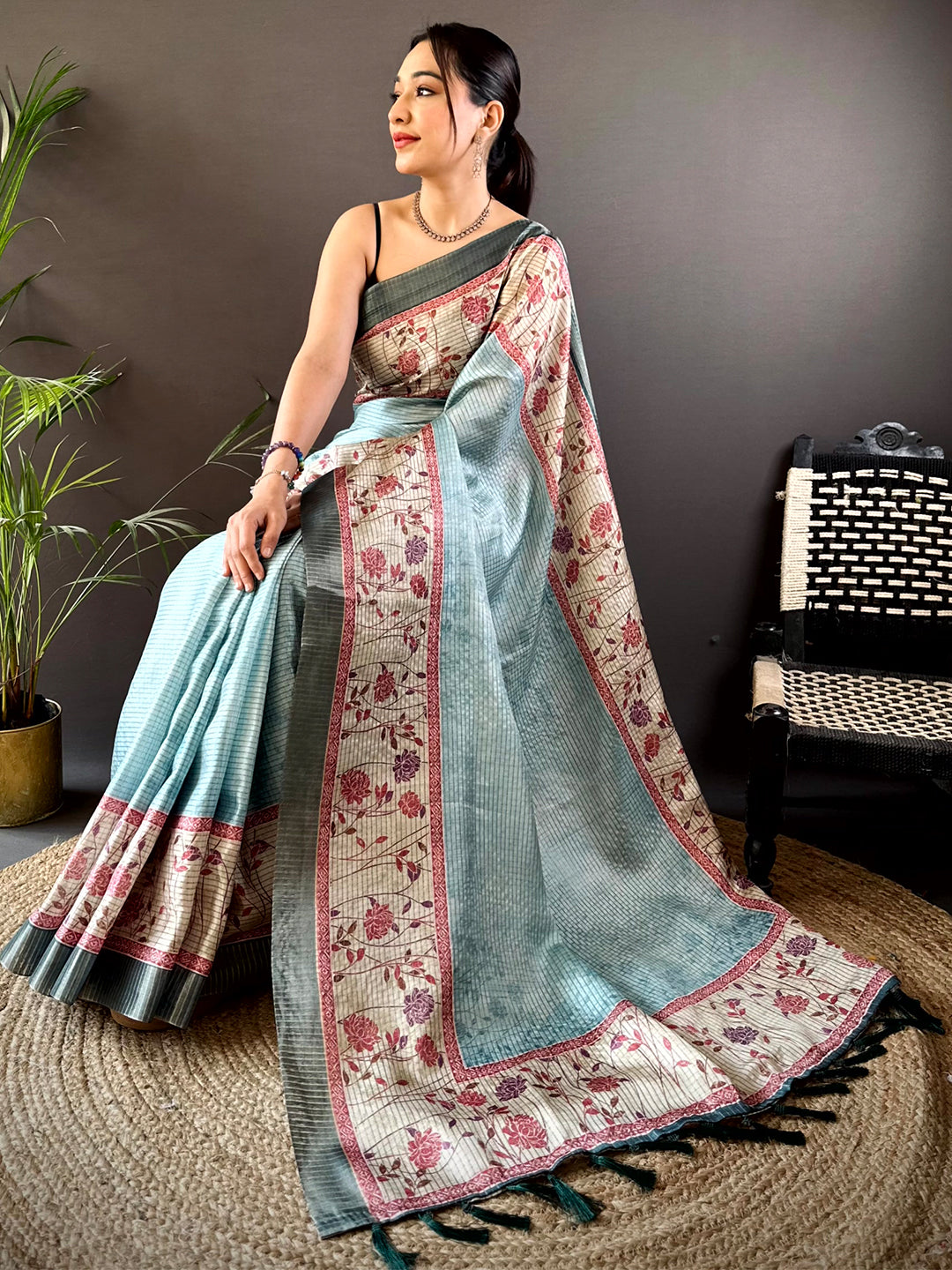 Sky Blue Soft Silk Floral Digital Saree