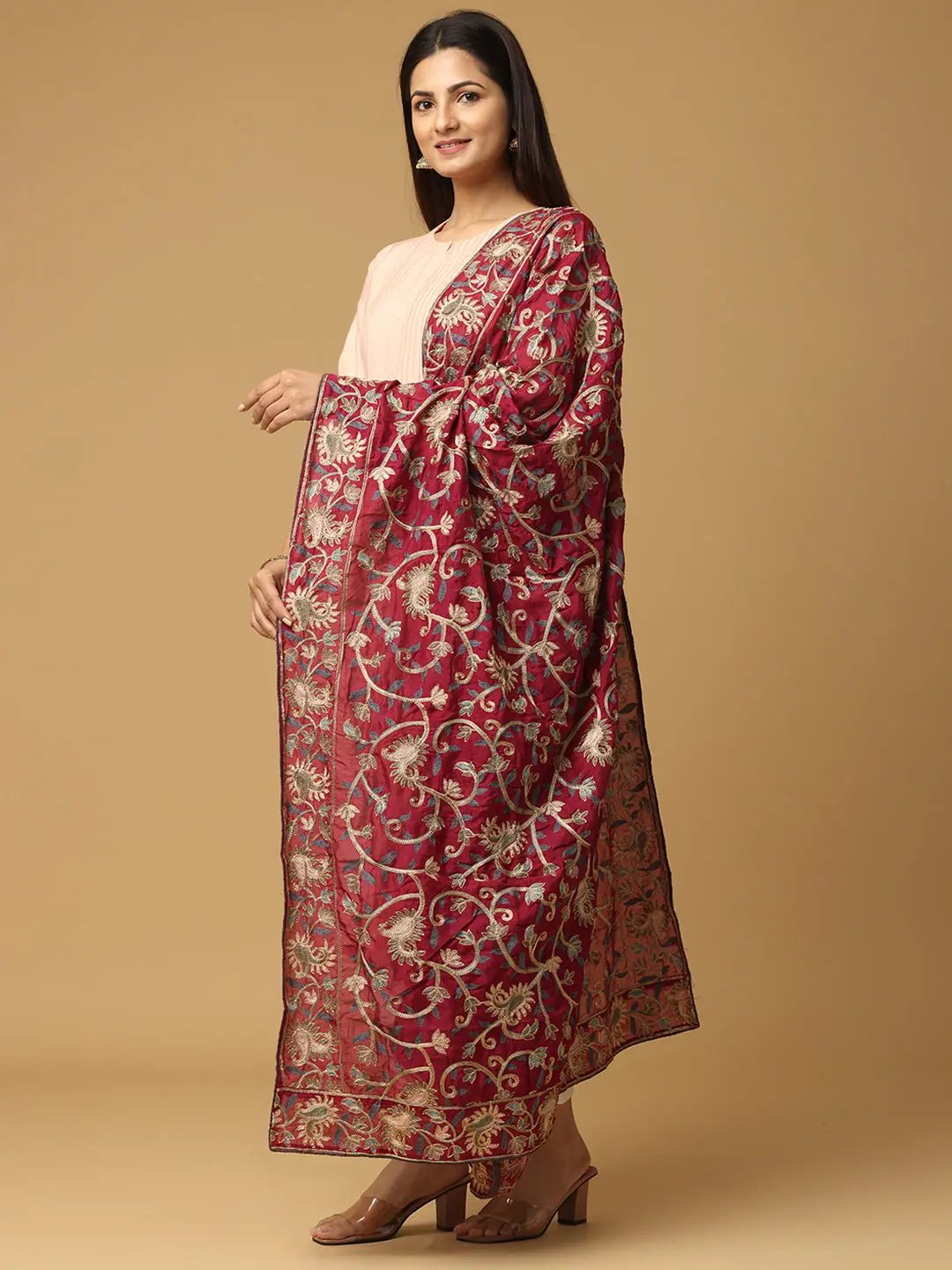 Side view of embroidered wine poly chiffon dupatta