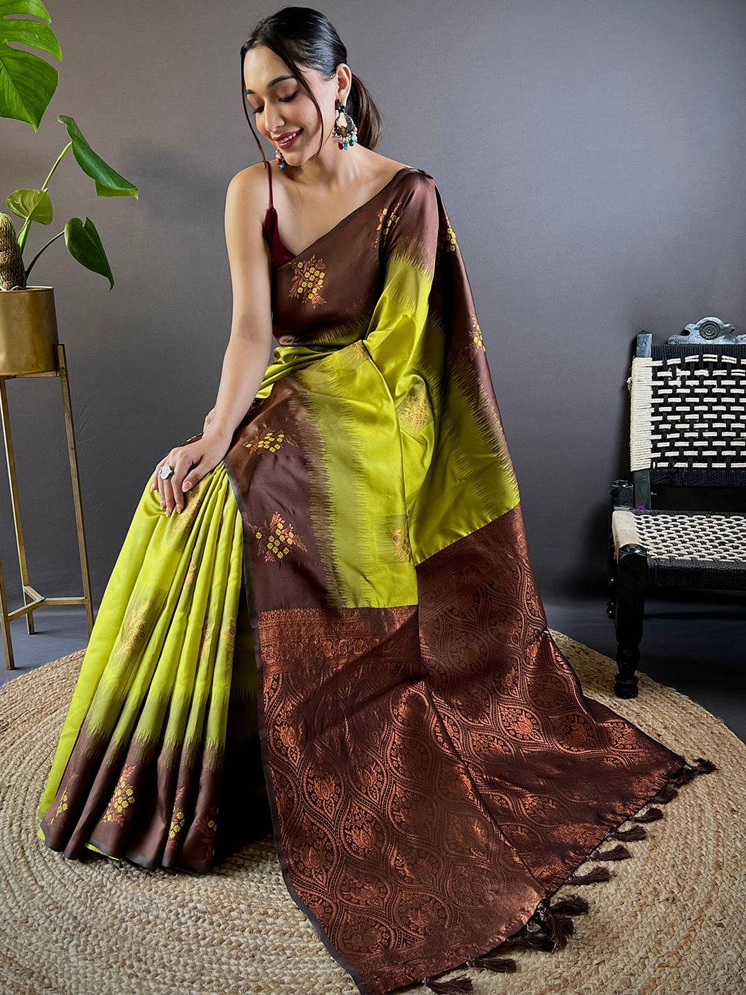 Seated model in Green Sami Banarasi Tussar Silk Saree