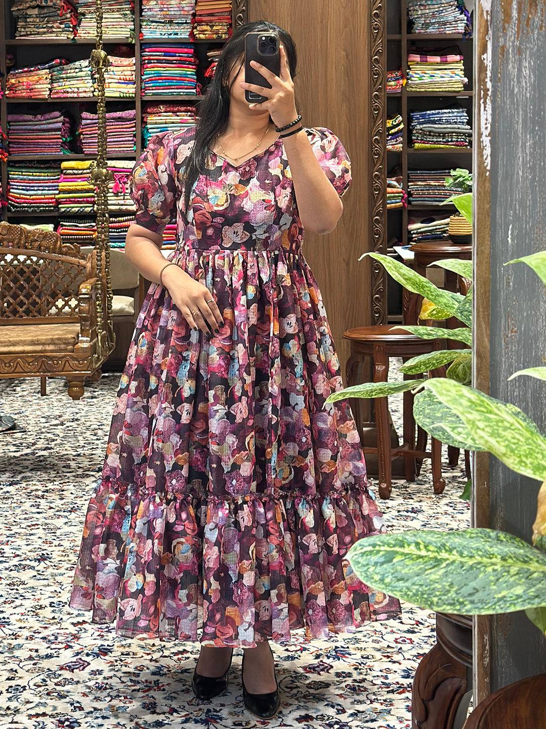 Elegant Sumathi Burgundy Floral Midi Dress on display