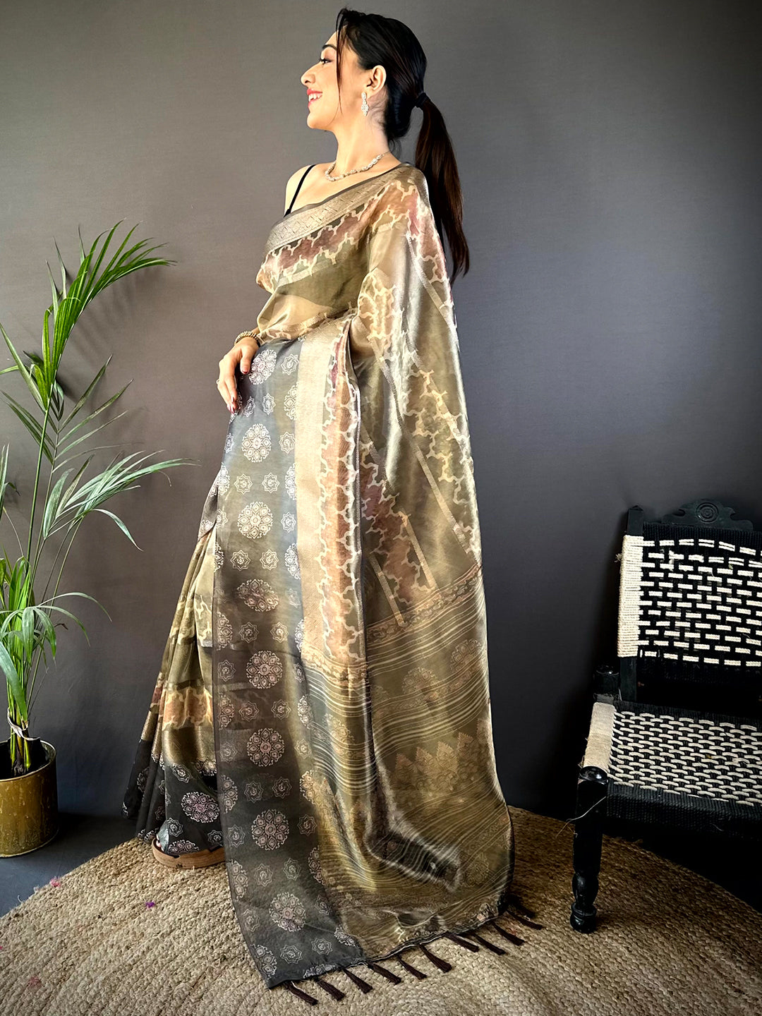 Light Brown Tissue Striped Digital Printed Saree