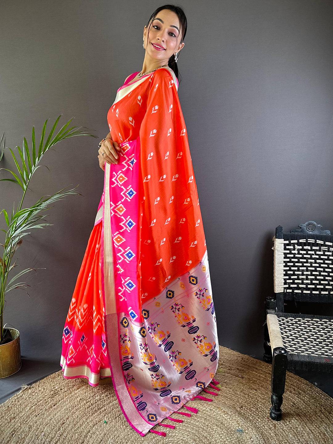 Orange Ikkat Paithani Soft Silk Saree