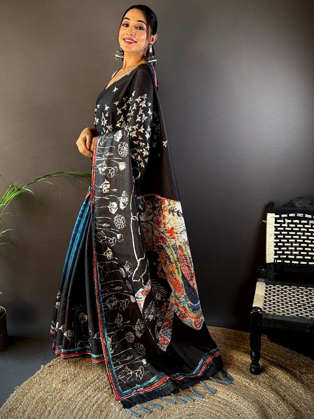 Black Monochromatic Botanical Print Saree