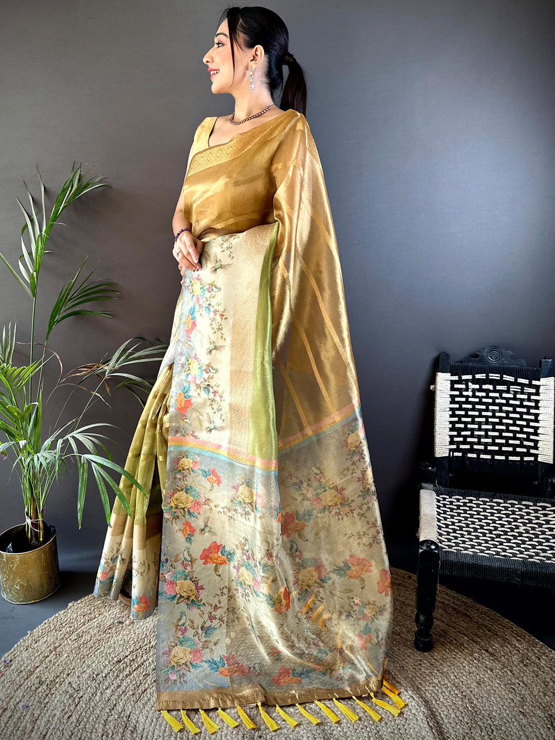 Mustard Ombre Zari Tissue Digital Print Saree