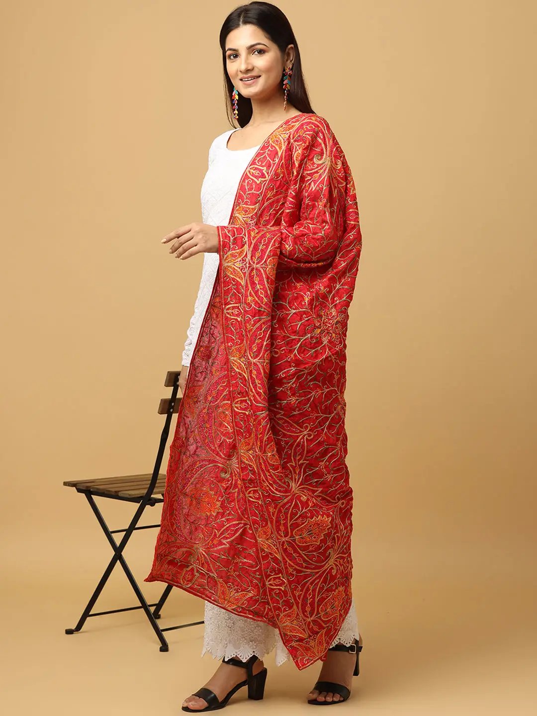 Side view of Red Poly Chiffon Pashmina Dupatta