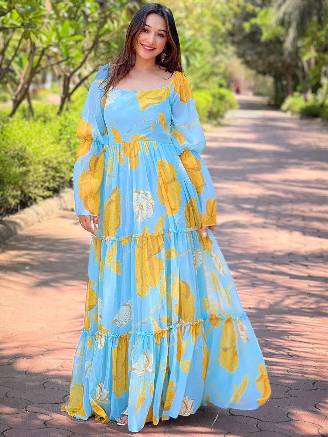 Model wearing Sky Blue Floral Print Dress