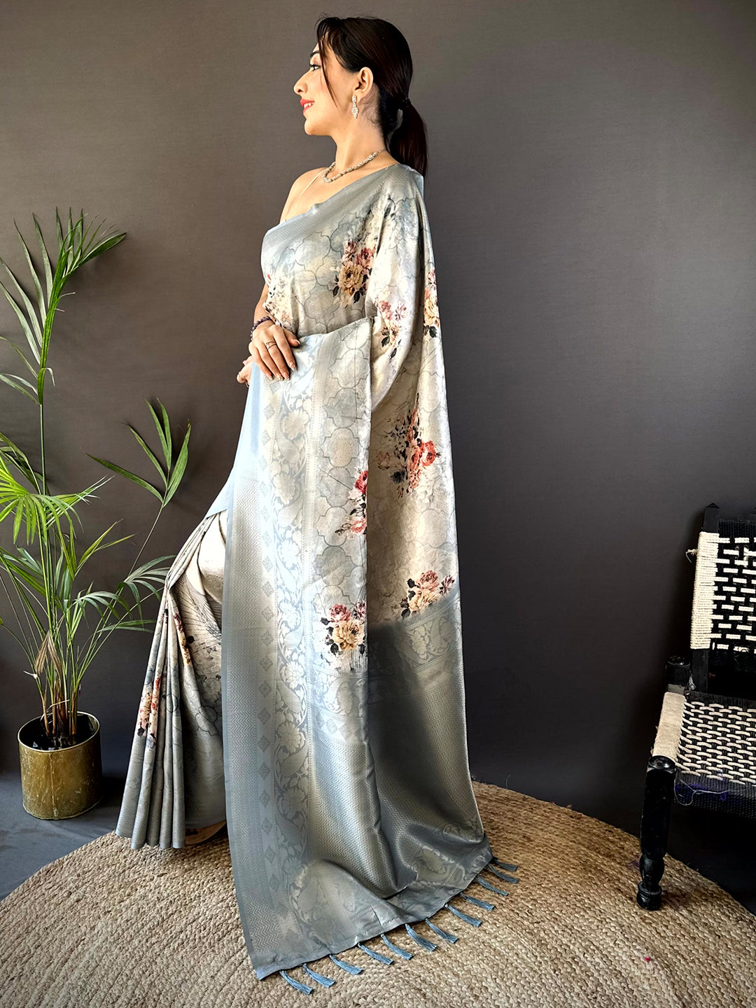 Pastel Blue Kanjivaram Digital Silk Saree