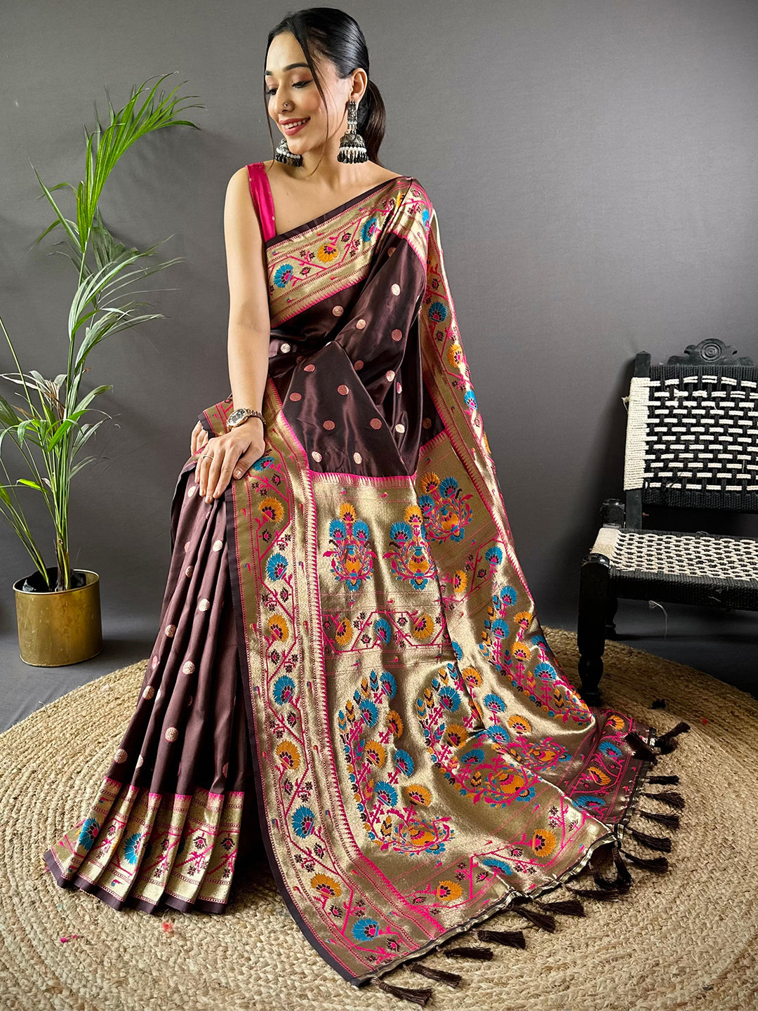 Brown Colour Yevla Paithani Soft Silk Saree