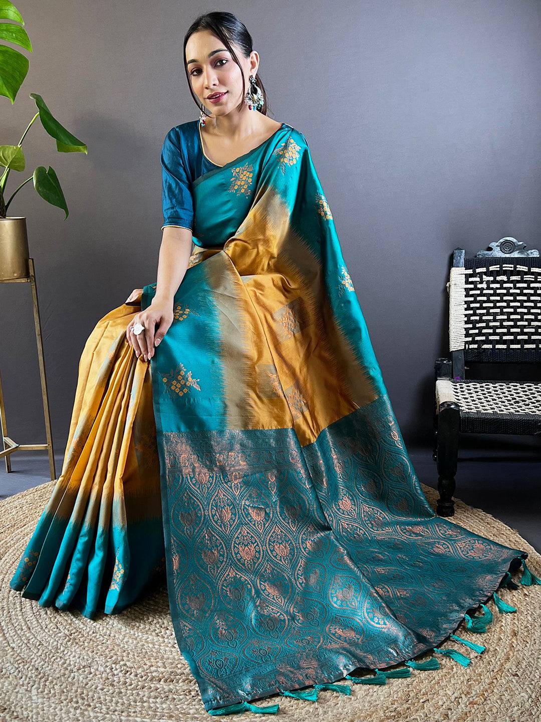 Seated view of Mustard Sami Banarasi Tussar Silk Saree.