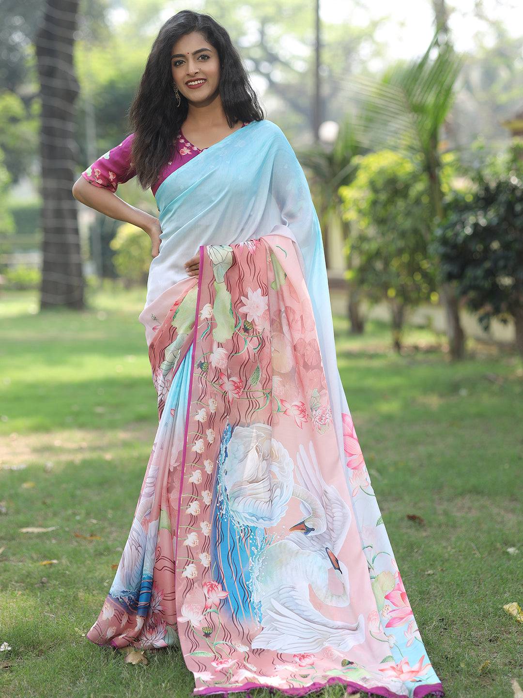 Latest Satin Georgette Sky Blue Colour Hand Print Saree