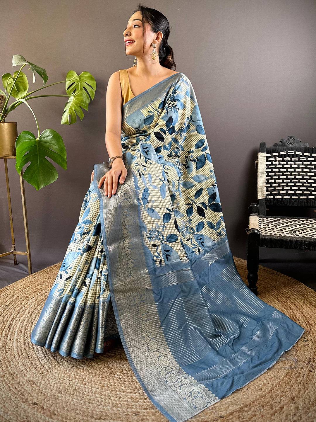 Leaf And Check Sky Blue Viscose Saree