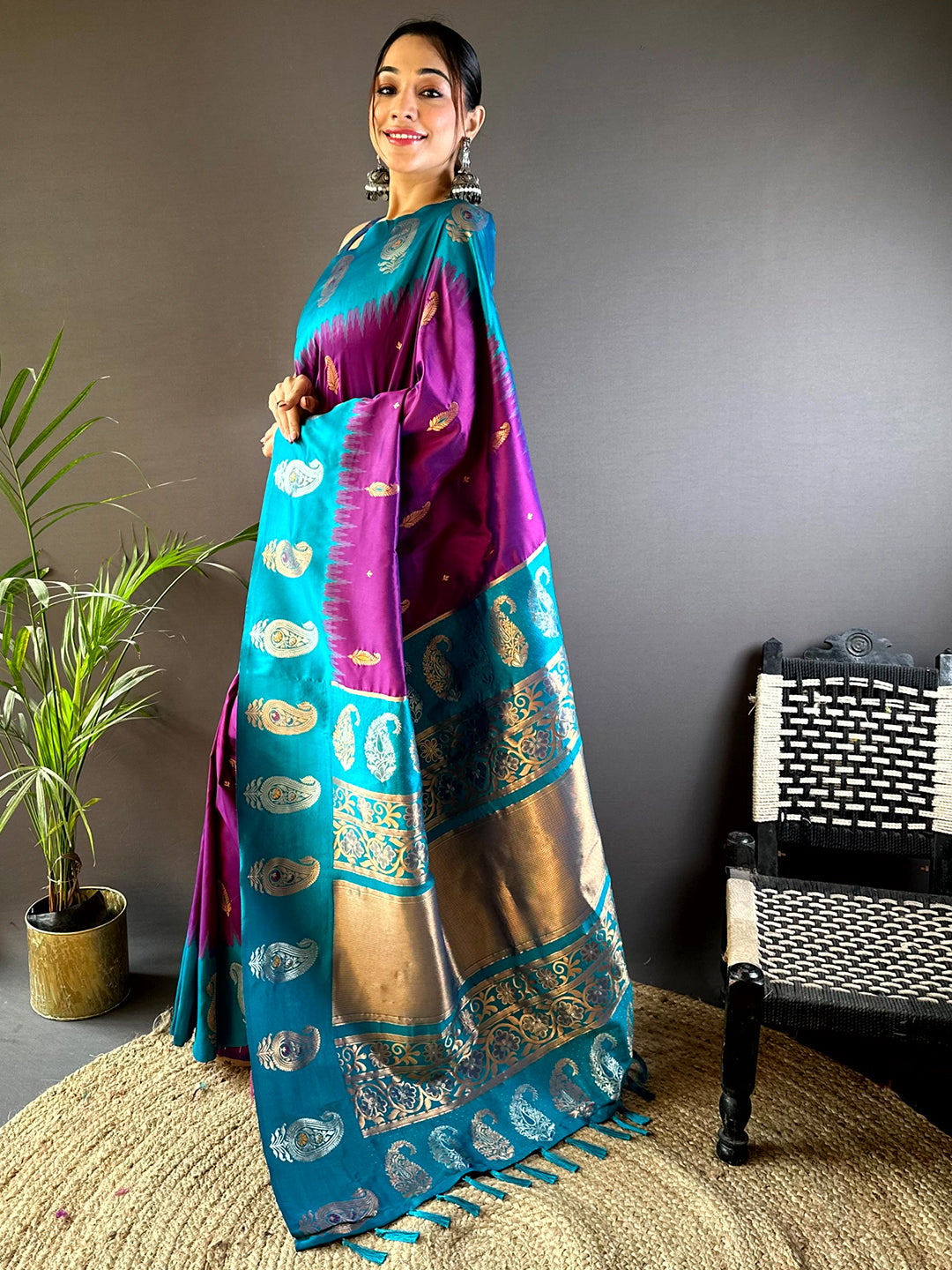 Wine Mango Butti Soft Silk Saree