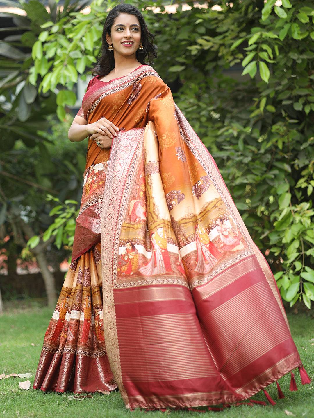 Orange Ajrak Block & Hand Kalamkari Print Pure Viscose Saree 