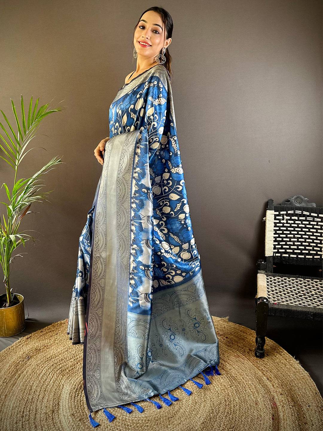 Blue Orchid Soft Silk Kalamkari Saree