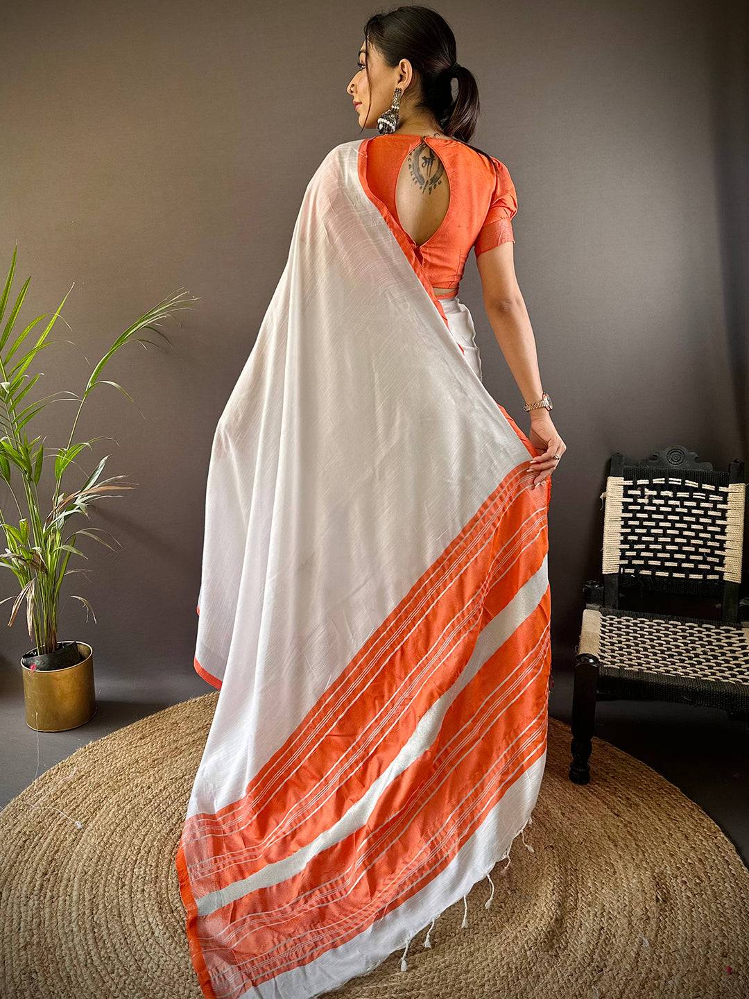 Bhagalpuri Linen Saree With Orange Small Patti