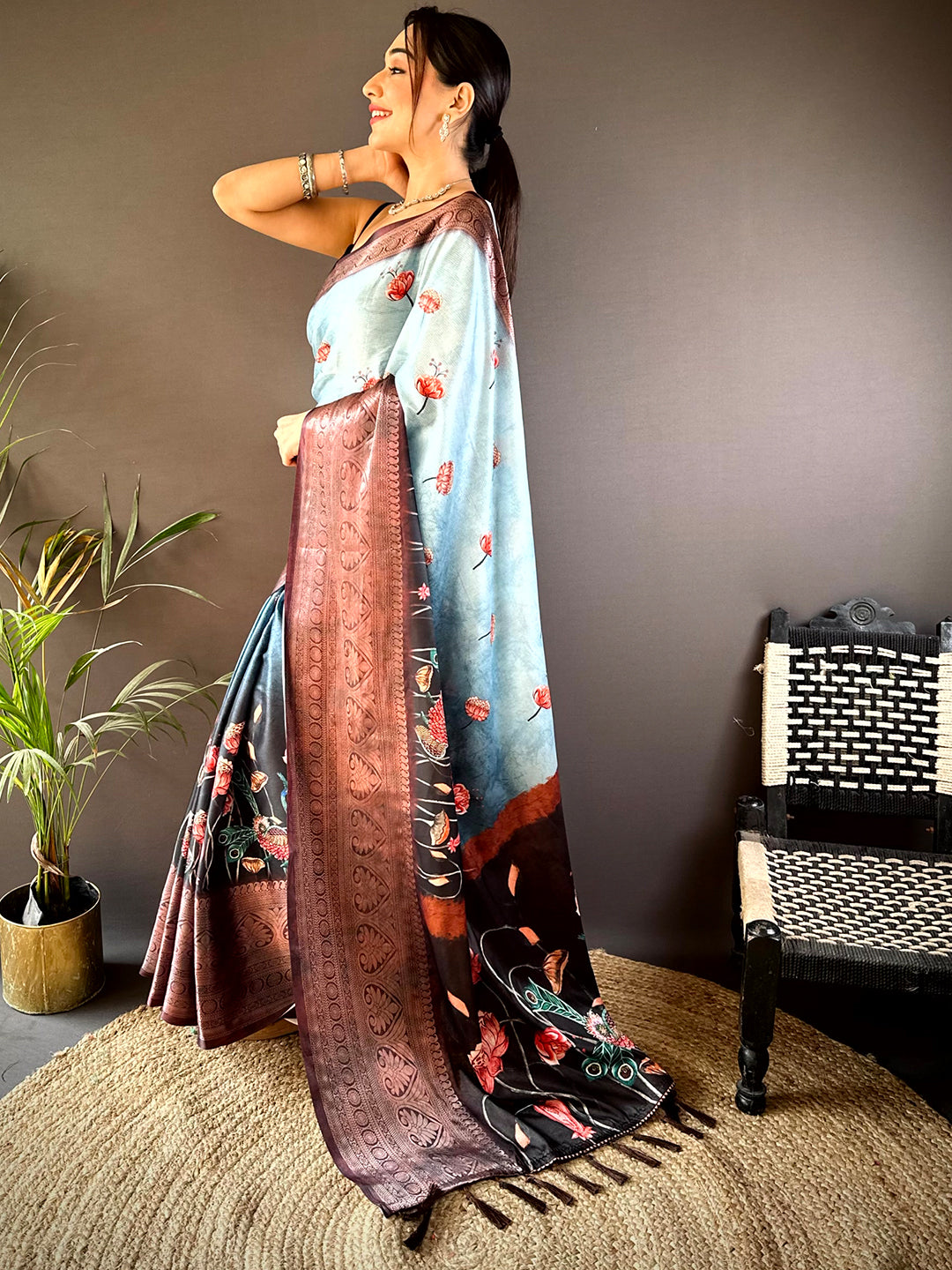 Light Blue Soft Silk Floral Ombre Print Saree