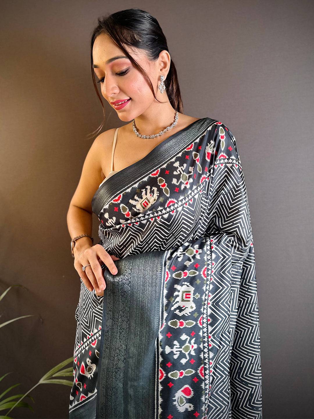 Grey Zig Zag Kalamkari Kanchi Silk Saree