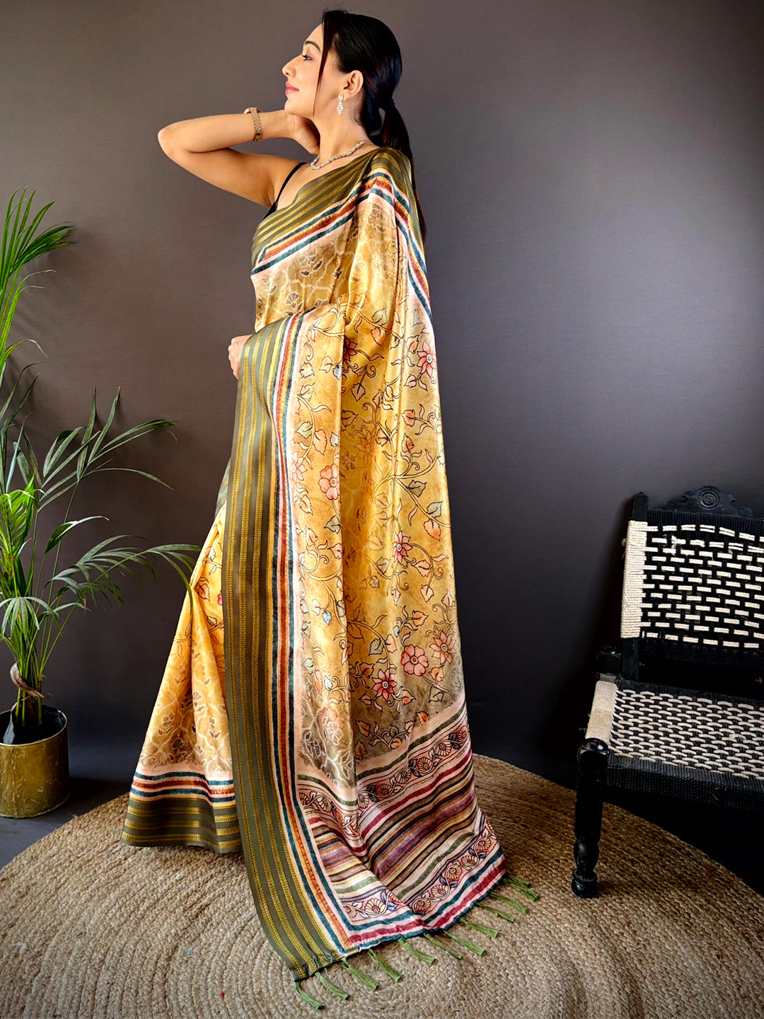 French Beige Kalamkari Floral Printed Silk Saree