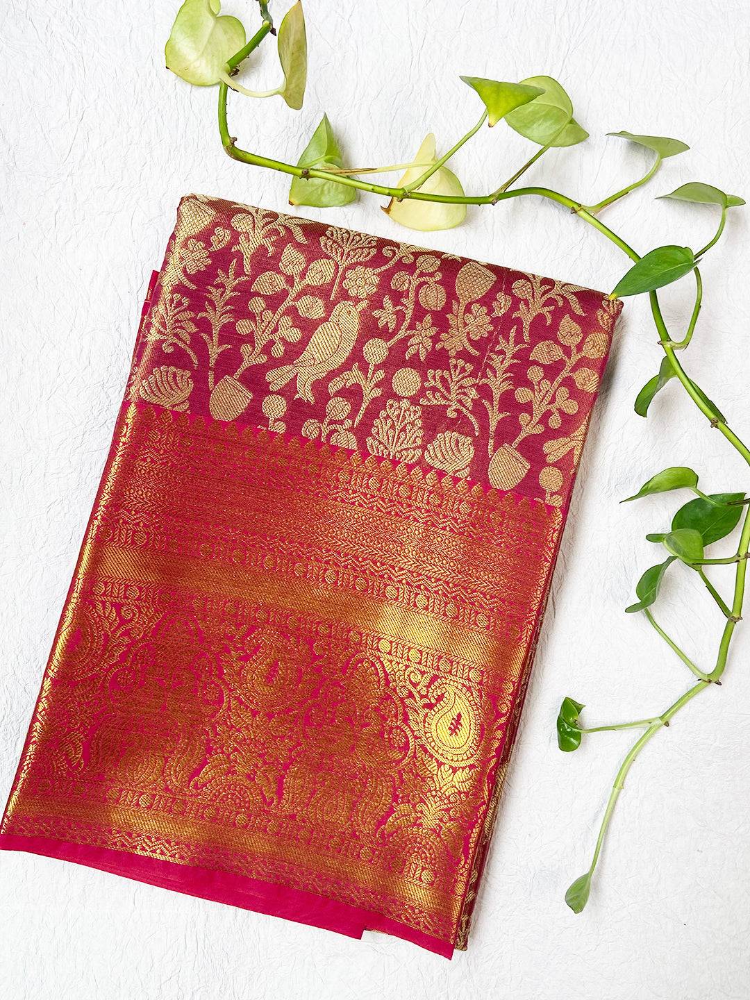 Blush Rose Kanjivaram With Golden Zari Work Saree